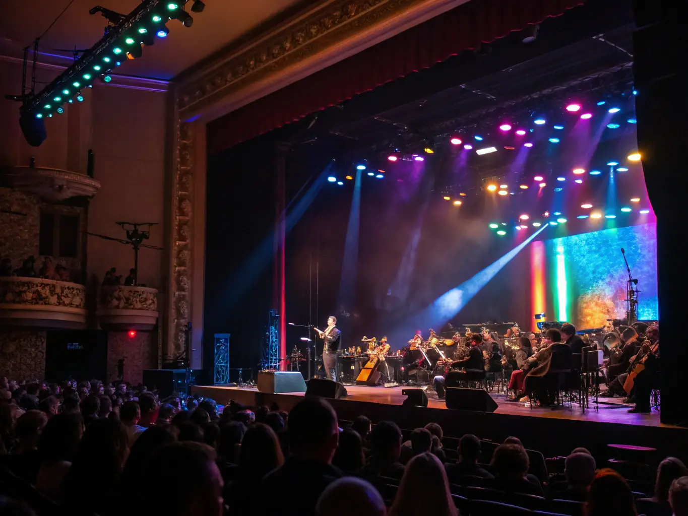 A vibrant photograph capturing the energy of a MUSIC'ARTE classical music festival, featuring a full orchestra performing on an outdoor stage with a diverse audience enjoying the performance.