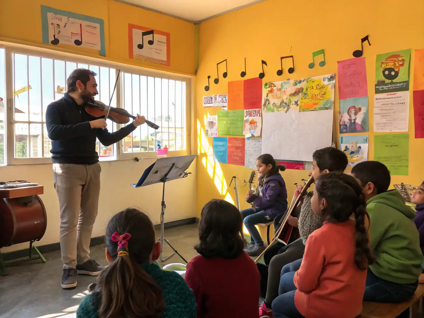 A focused image of a masterclass session at MUSIC'ARTE, showing a renowned musician guiding a student on their instrument, with other students observing attentively.