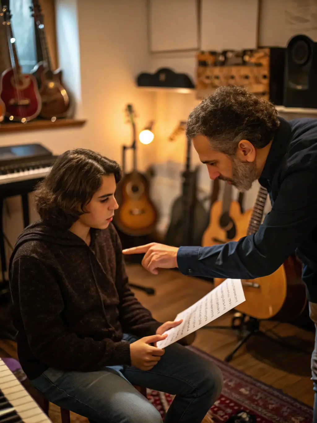 A vibrant image of a masterclass in progress, featuring a renowned violinist guiding a student, set in a sunlit studio at MUSIC'ARTE.