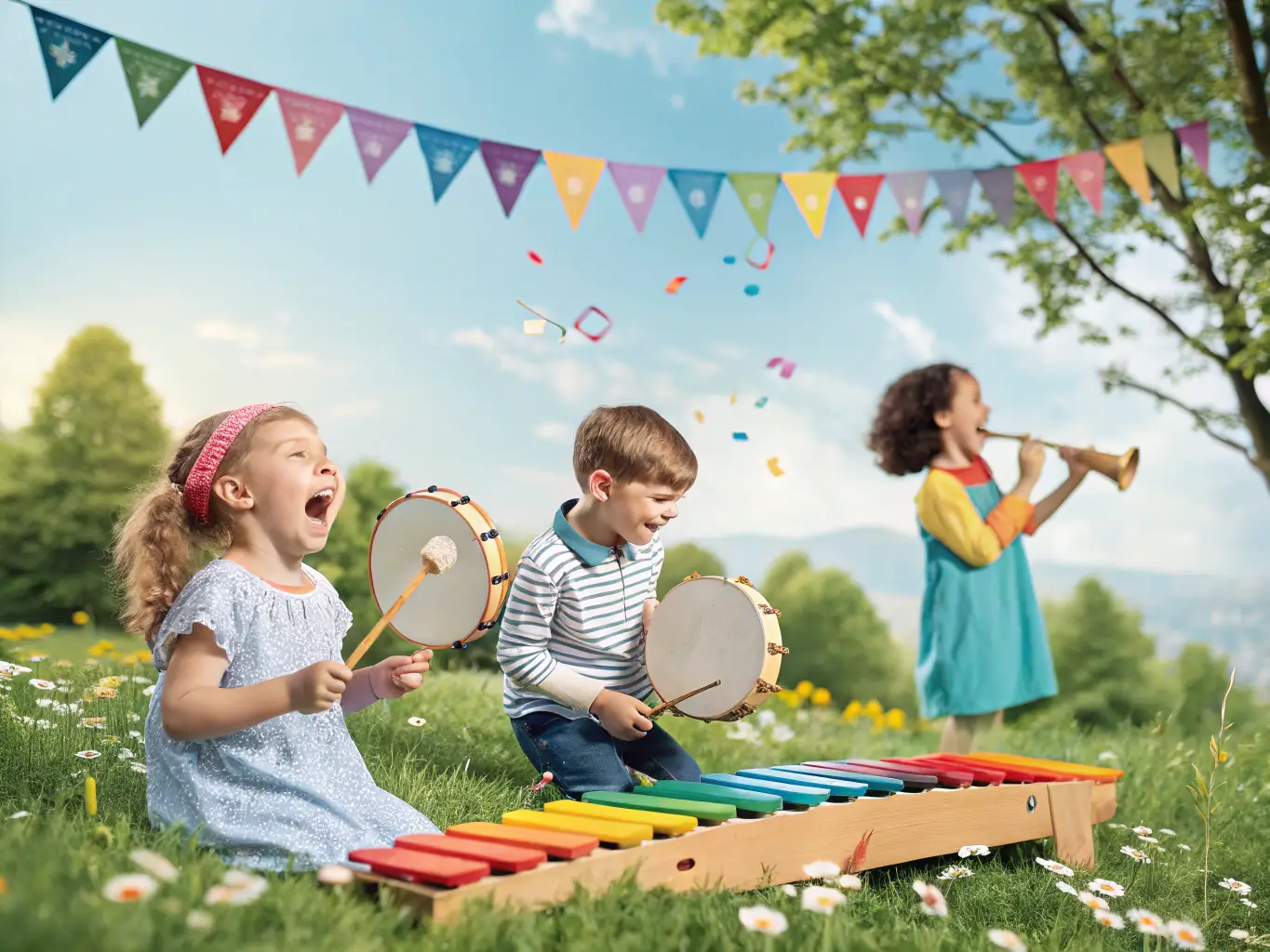 A heartwarming picture of young musicians participating in a MUSIC'ARTE youth musical initiative, playing instruments together in a collaborative and supportive environment.